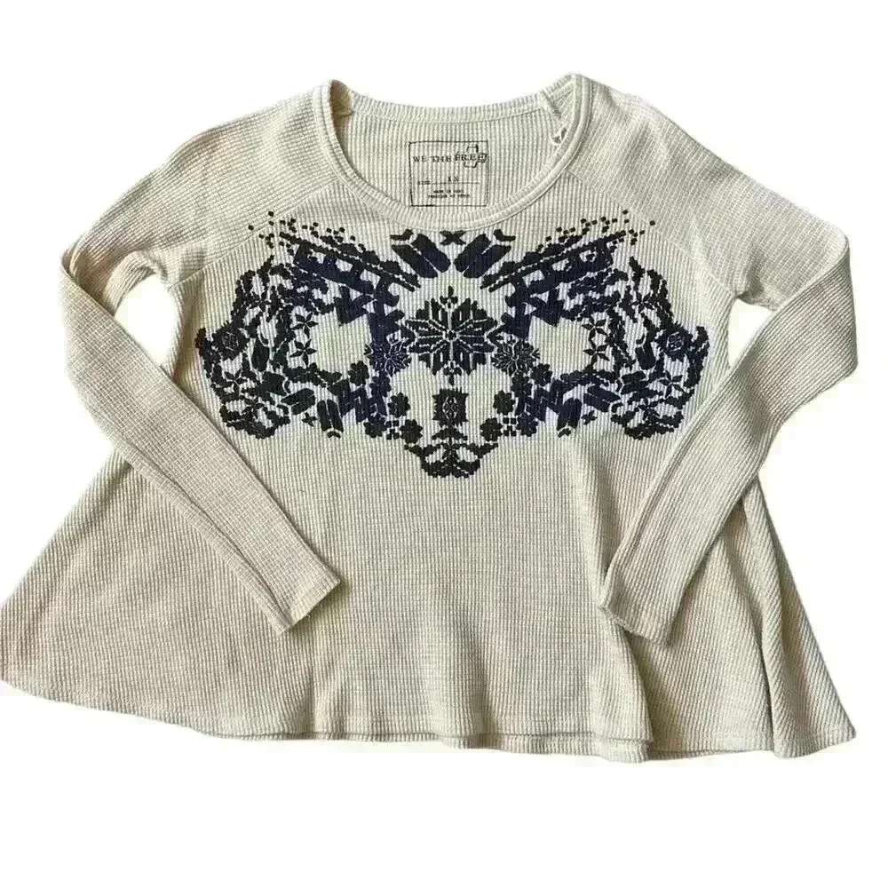 Women’s Free People Cream Fair Isle Thermal Long Sleeve Shirt Size XS